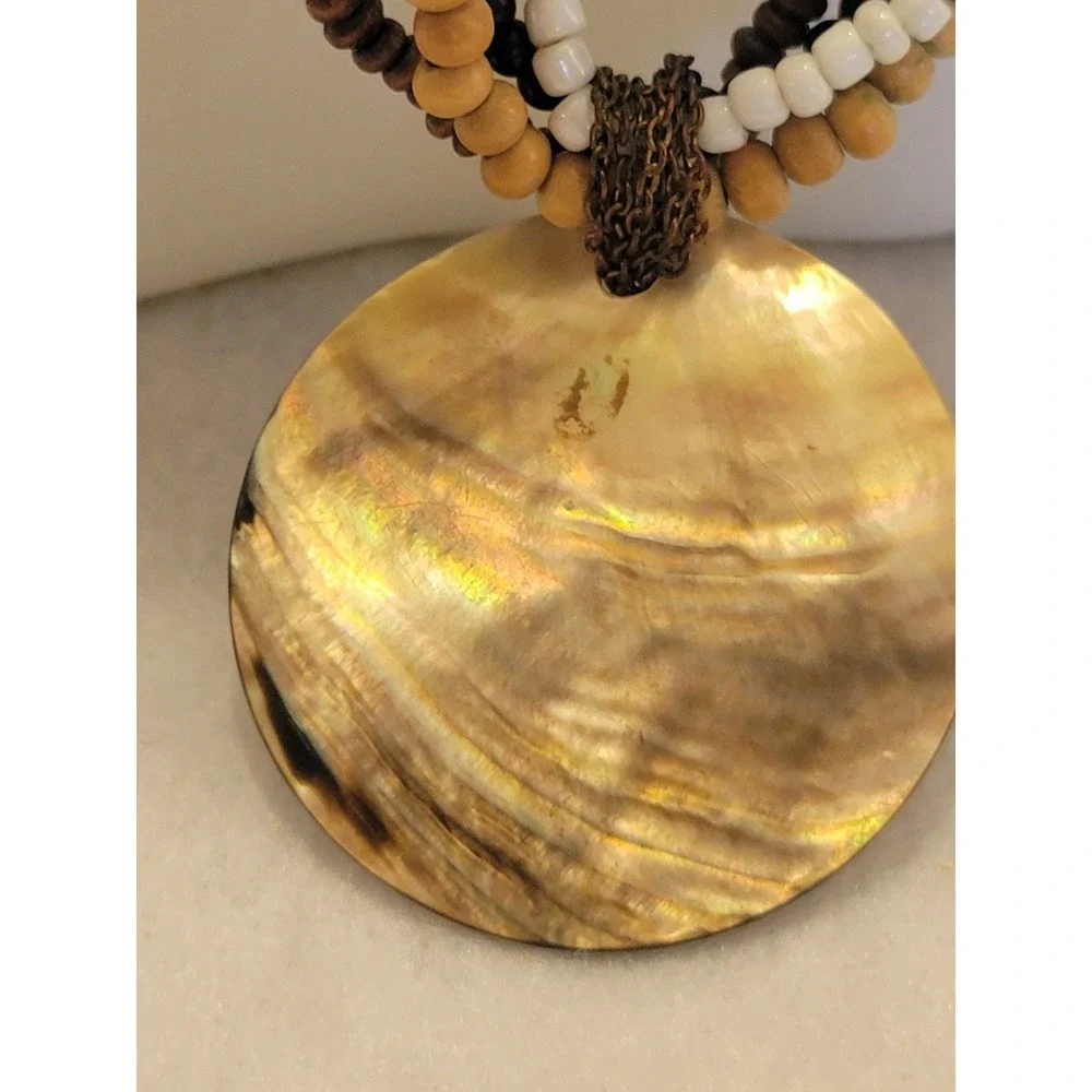Shell‎ Pendant Necklace Boho Multi Strand Wood Bead Coastal Brown Womens
